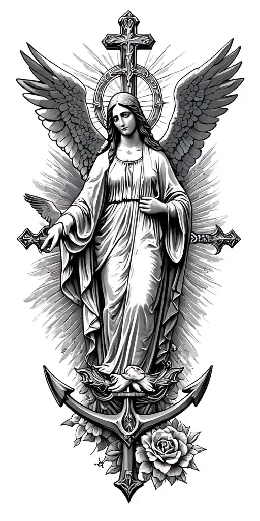 Cross, dove, anchor, virgin mary, archangel Michael tattoo design idea