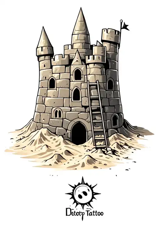 sand castle with ladder leaning against it  tattoo design idea