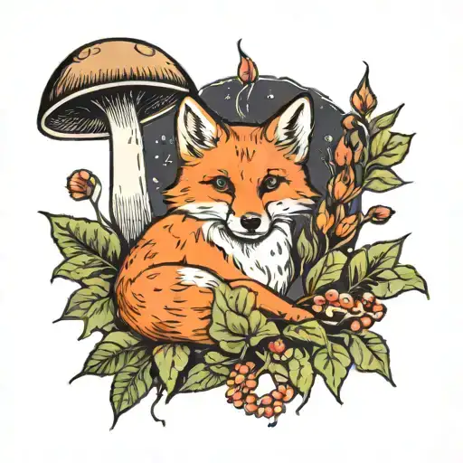 ginger fox surrounded by leaves and mushrooms tattoo design idea