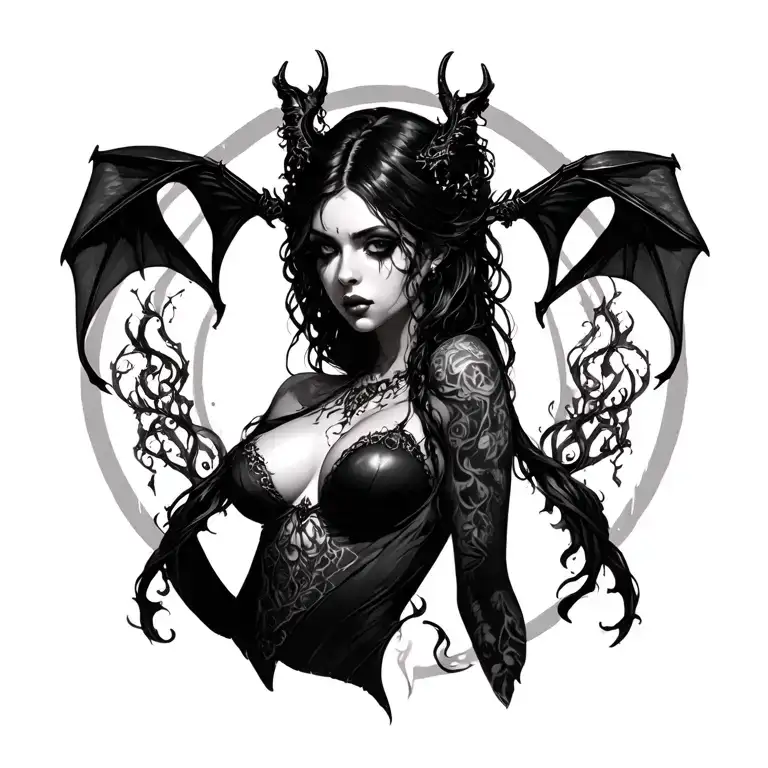 Gothic, Succubus, Big Boobs, Looking Down tattoo design idea