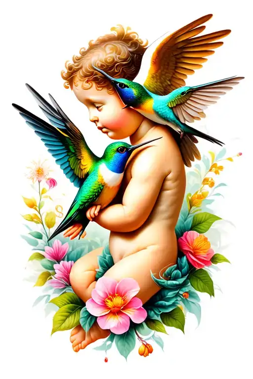 cherub and hummingbird sipping nectar tattoo design idea