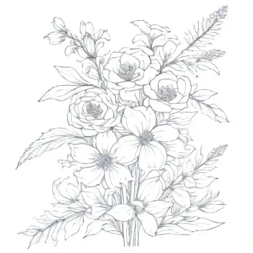fine line tattoo of december and july birth flowers in a bouquet. the stem leads into the words “1971” tattoo design idea