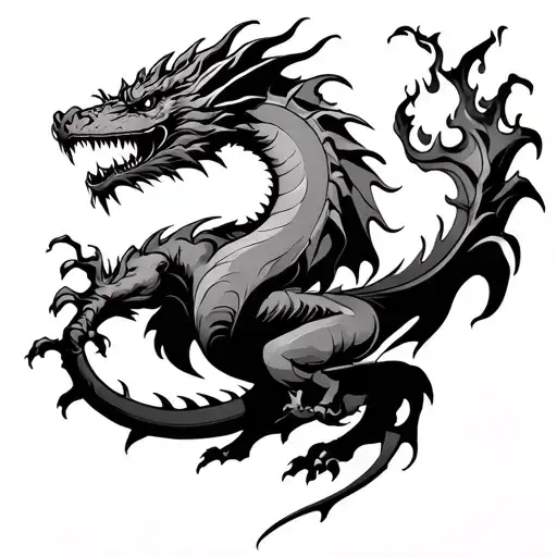 Black Ink Dragon breathing fire tattoo design idea