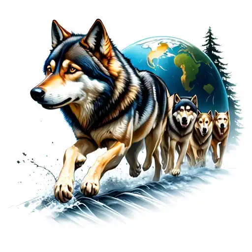 A tattoo design of a wolf pack running through a forest, symbolizing loyalty and unity within your family, with a subtle globe in the background to represent your love for travelling tattoo design idea
