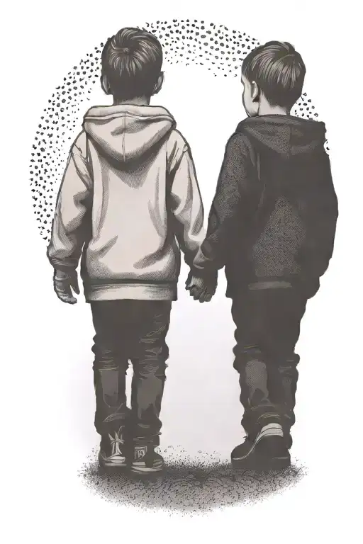 a siloutte of 2 toddler brothers wearing hoodies one taller than the other walking away holding hands tattoo design idea
