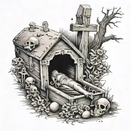 Coffin graveyard scene featuring children tattoo design idea