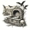 Coffin graveyard scene featuring children tattoo design idea