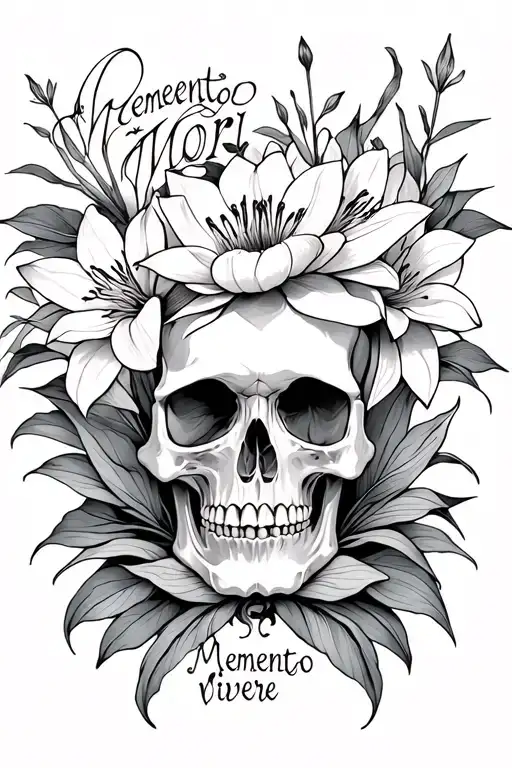 skull with lotus flowers and lily flowers with the phrase "Memento mori" and "memento vivere"  tattoo design idea