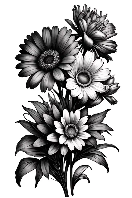 daisy , marigold , gladiolus , aster , bundle  flowers  outline tattoo design idea