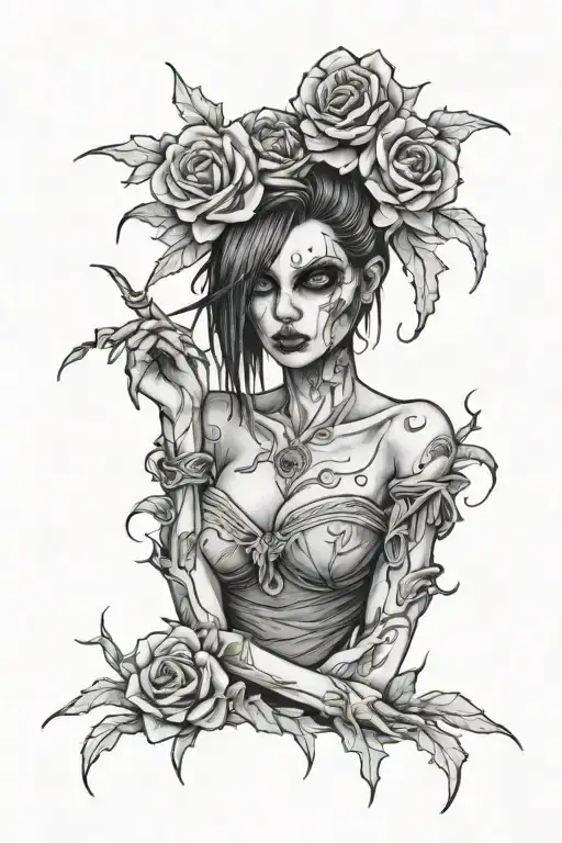 gore goth creepy scary zombie girl tattoo design idea
