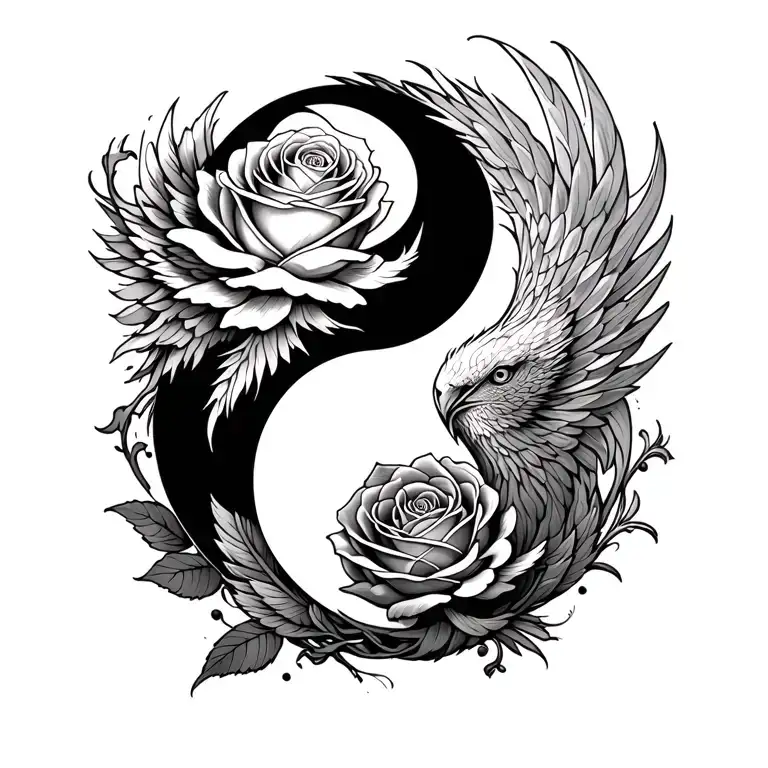 a rose, phoenix qnd a yingyang symbol tattoo design idea