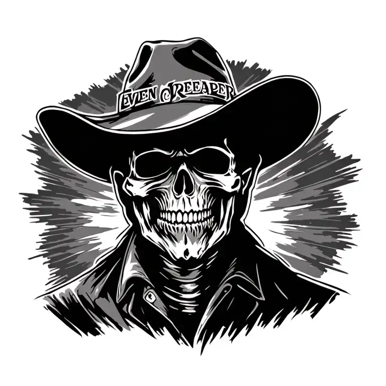 A lone cowboy which has its shadow morph in the grim reaper and text on hat saying ,,Even the Reaper leaves me alone,, tattoo design idea
