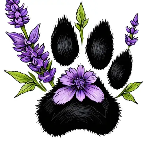 small cat paw print with lavender flower tattoo design idea