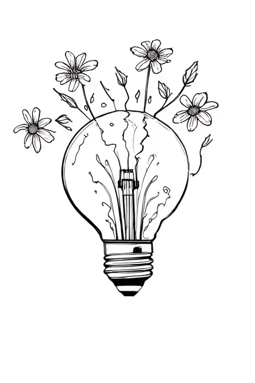the top of the light bulb is broken and it has  flowers coming out of the top with the stems in the light bulb tattoo design idea