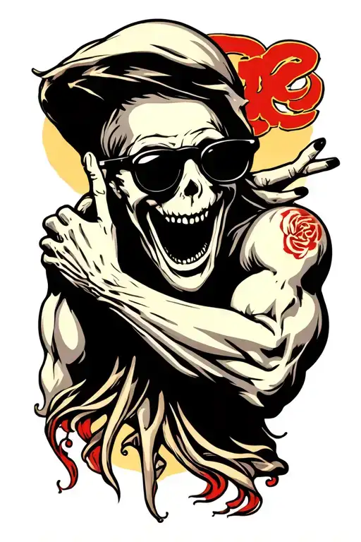 "Tattoo of a ghost with black sunglasses, muscular arms, pulling down its lower eyelid with one finger." tattoo design idea