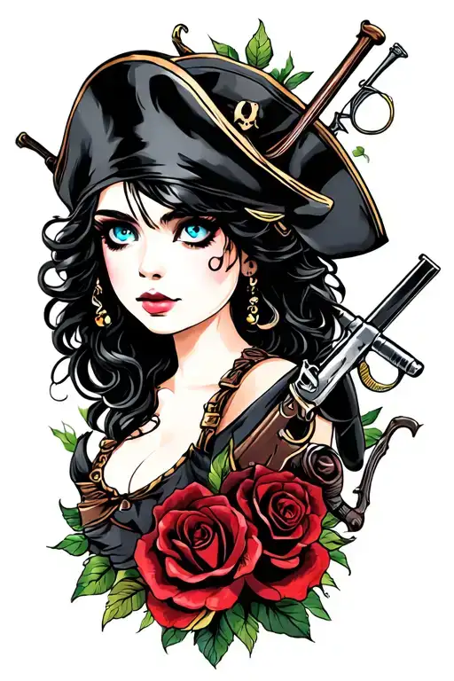 one girl with blue eyes has black hair and she is pirates with muskets black roses and a microphone and a fishing pole tattoo design idea