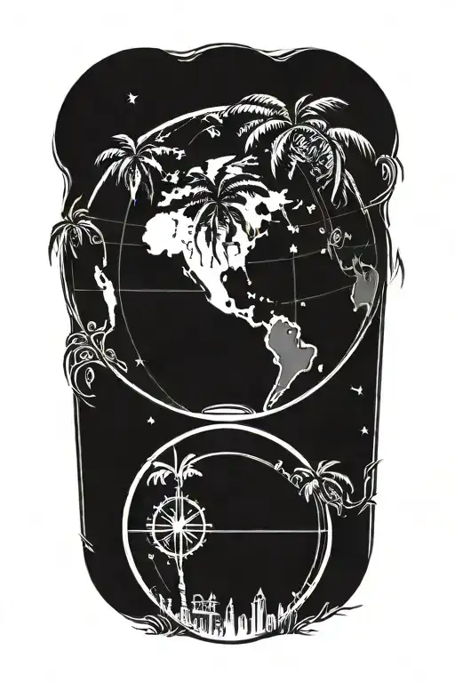 A palm tree silhouette on a globe, with a compass pointing towards Miami, symbolizing the traveler's love for exploring new places tattoo design idea