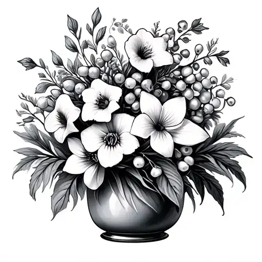 bouquet in a vase (include violets, daffodils, lily of the valley, water lily, morning glory) tattoo design idea