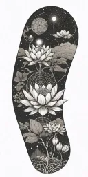 central lotus flower, celestial elements like stars and planets, sacred geometry, and serene landscapes such as mountain tattoo design idea