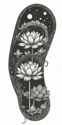 central lotus flower, celestial elements like stars and planets, sacred geometry, and serene landscapes such as mountain tattoo design idea