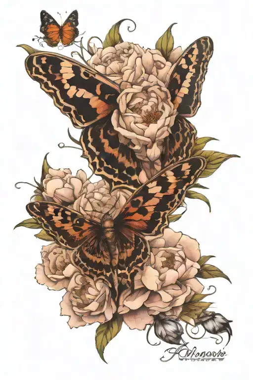 masterpeace, 4k, delicate tattoo with peonies and a moth that is above the flower tattoo design idea