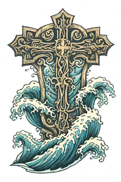 long thick stone crashing waves at the bottom with a cross on top tattoo design idea