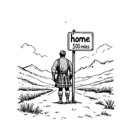 a Scottish man in a kilt facing a road with a road sign that says "home 500 miles" with hills in the background  tattoo design idea