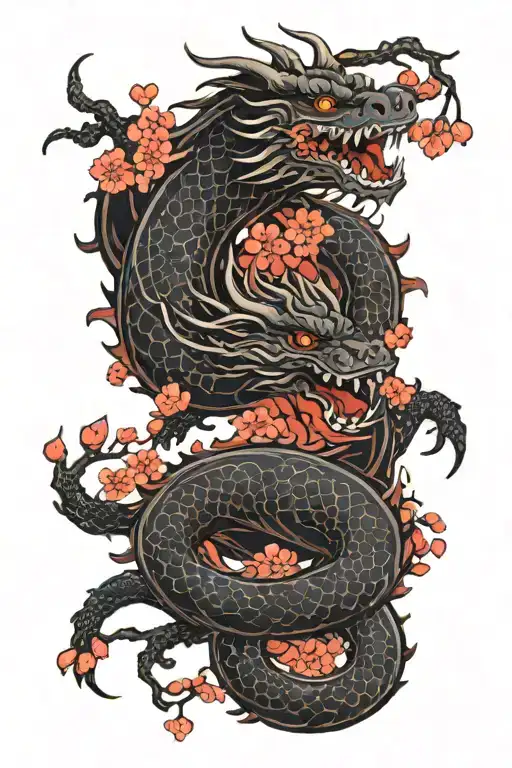mix red and dark red japinsw dragon with red cherry blossoms in the background with black wavy mixed in the background  tattoo design idea