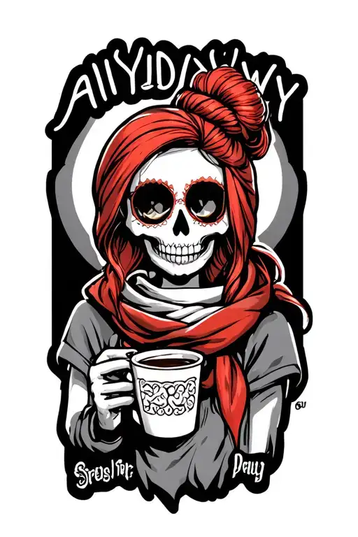 "AIYDIWDWY" sugar skull skelaton with red hair in a bun and hair scarf holding a cup of coffee tattoo design idea