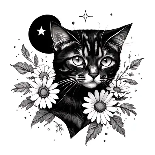 customize and spine tattoo. cat, Daisy flowers, squiggly lines, star moon, Virgo, 1998. make it girly, delicate, minimal tattoo design idea