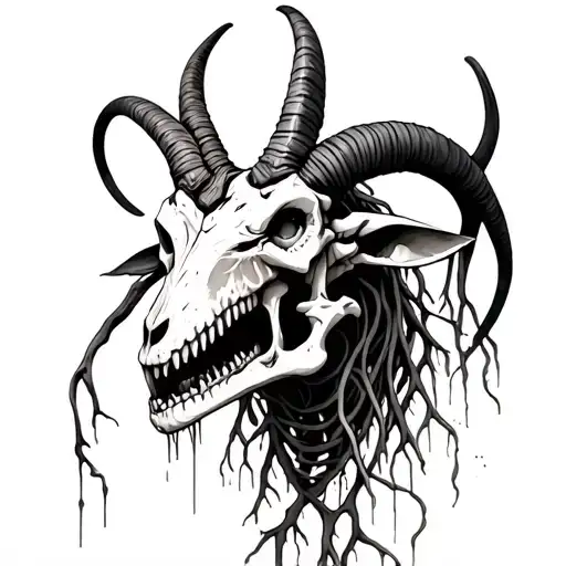 Sea goat skeleton and horns covered with roots lightly, one eyes on forehead and teeths covered in bloods.  tattoo design idea
