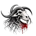 Sea goat skeleton and horns covered with roots lightly, one eyes on forehead and teeths covered in bloods.  tattoo design idea
