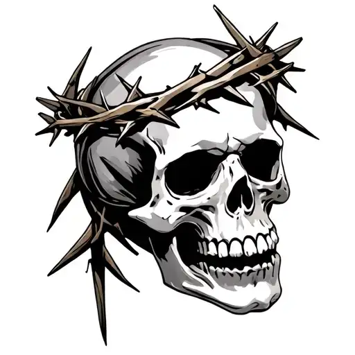 Skull with a crown of thorns wrapped tattoo design idea