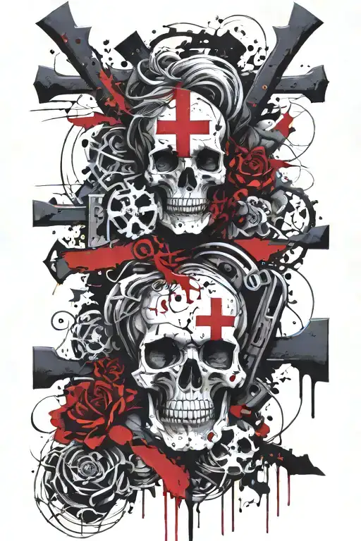 dark clouds with crosses a nd more of a goth theme. full torso, have money and small guns on it realistic, no color tattoo design idea