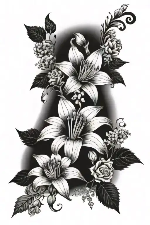 flower sleeve tatto with lilium lancifolium, sunflower, pointsetta, roses, daisys, ipomea and baby's breath  tattoo design idea