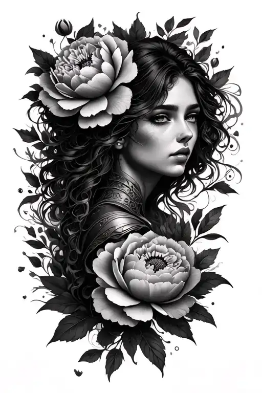 woman emerging from peonies, warrior, strength inspired tattoo design idea