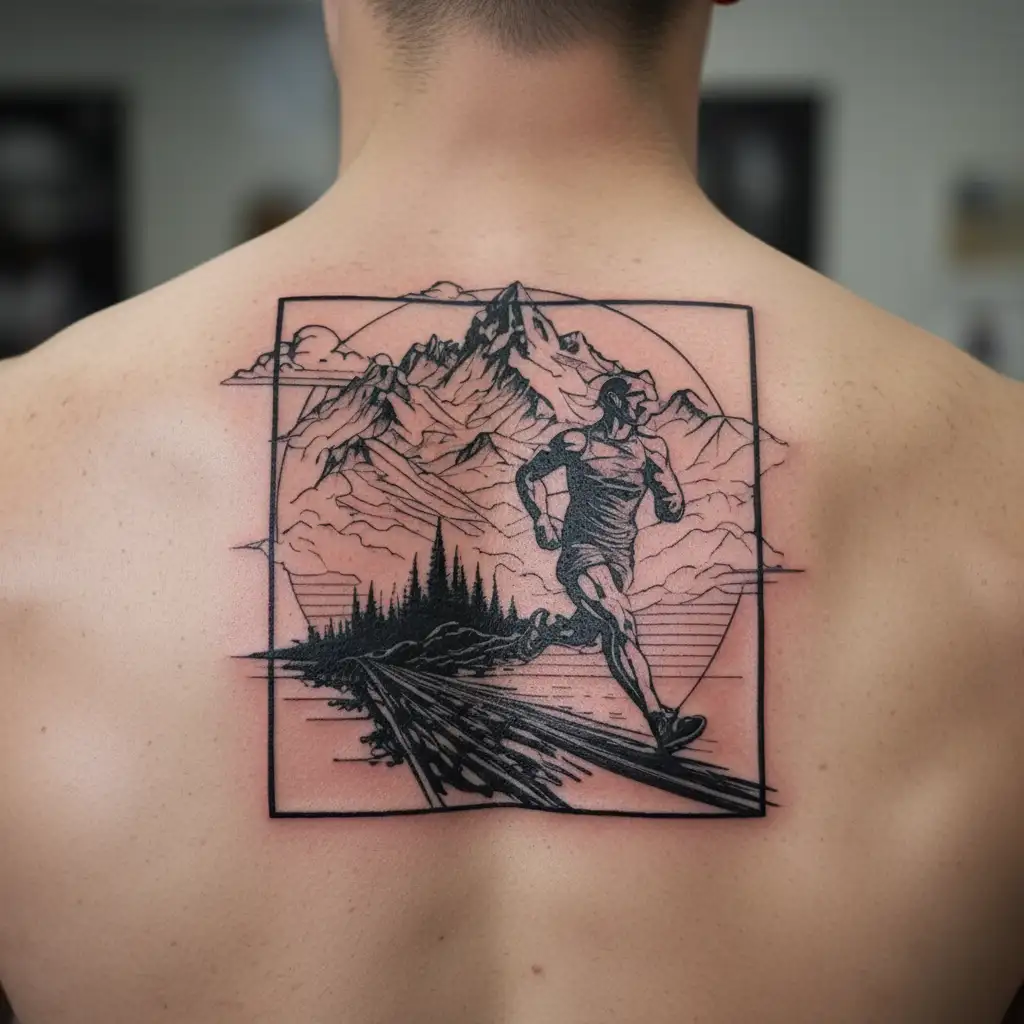 A runner crossing a finish line with a mountain in the background, incorporating elements of air freight operations tattoo design idea