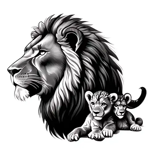 3/4 profile lion head with 2 cubs under head tattoo design idea