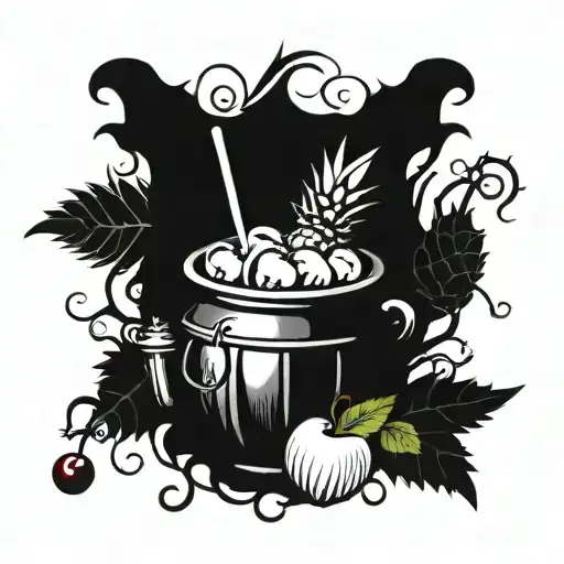 witch cauldron pineapple cherries coconut tattoo design idea