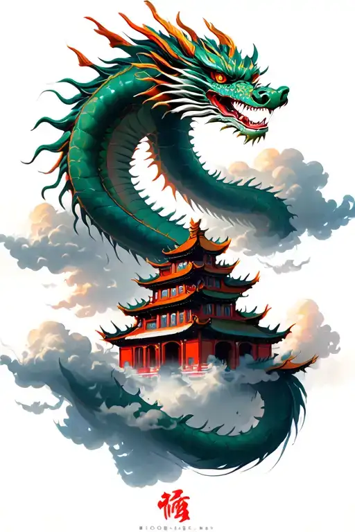chinese dragon flying between chinese buildings and chinese clouds tattoo design idea