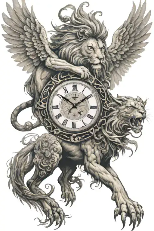 lion phoenix clock warrior tattoo design idea
