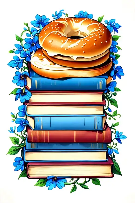 thirteen stacked books with blue flowered vines curling around, and a coffe and buttery bagel tattoo design idea