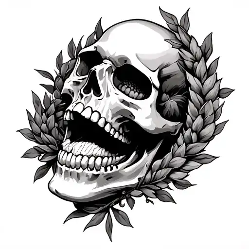 tattoo on the chest with an open skull mouth and wreaths tattoo design idea