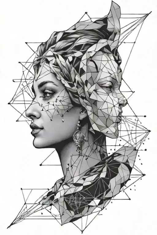 Geometrical design of hera's face with triangles and lines with constellation of cancer below her face  tattoo design idea