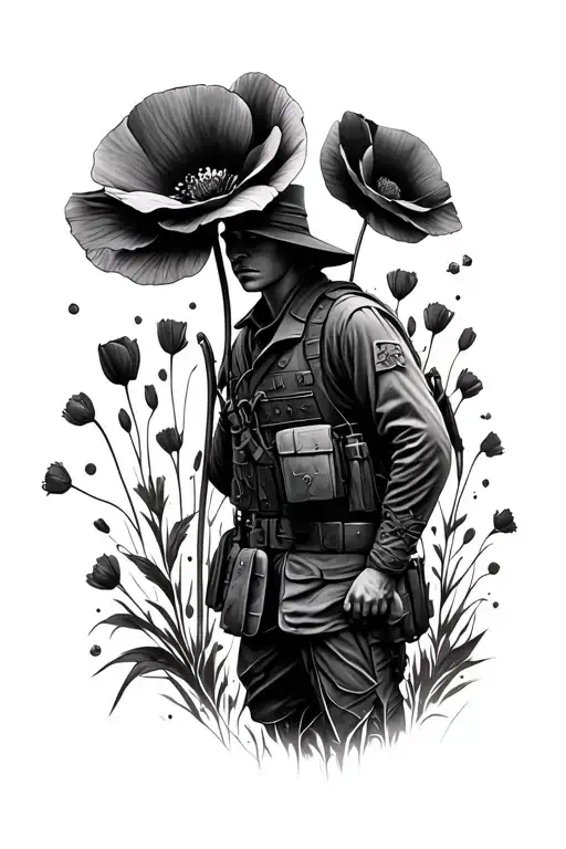 Poppy remembrance tattoo including silouhette soldier tattoo design idea