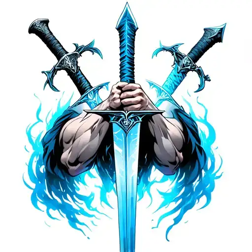 Three floating swords (Archangel Michael–inspired, with anime flair like Black Clover)Blue divine aura around the biceps tattoo design idea