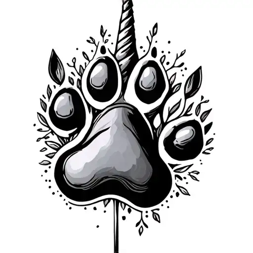 unicorn, dog paw, life, fine line tattoo design idea