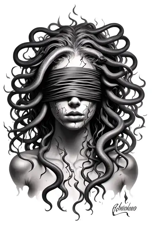 medusa wearing a blindfold covering her eyes, face cracking like stone. there is fire in the cracks. hair of snakes tattoo design idea