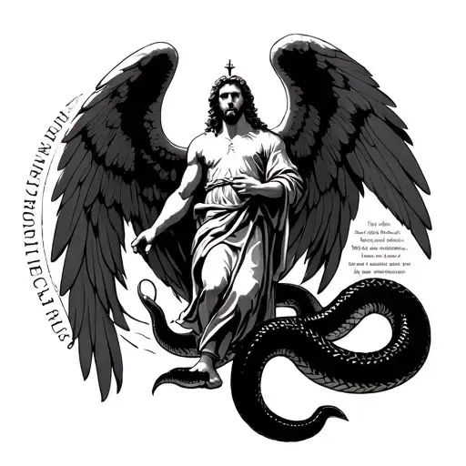 archangel Michael stepping on small snake, with symmetrical lines and circles and a small bible verse tattoo design idea