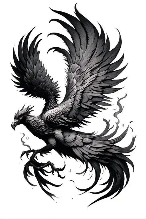 helical pheonix rising from ashes with long helical tail feathers tattoo design idea